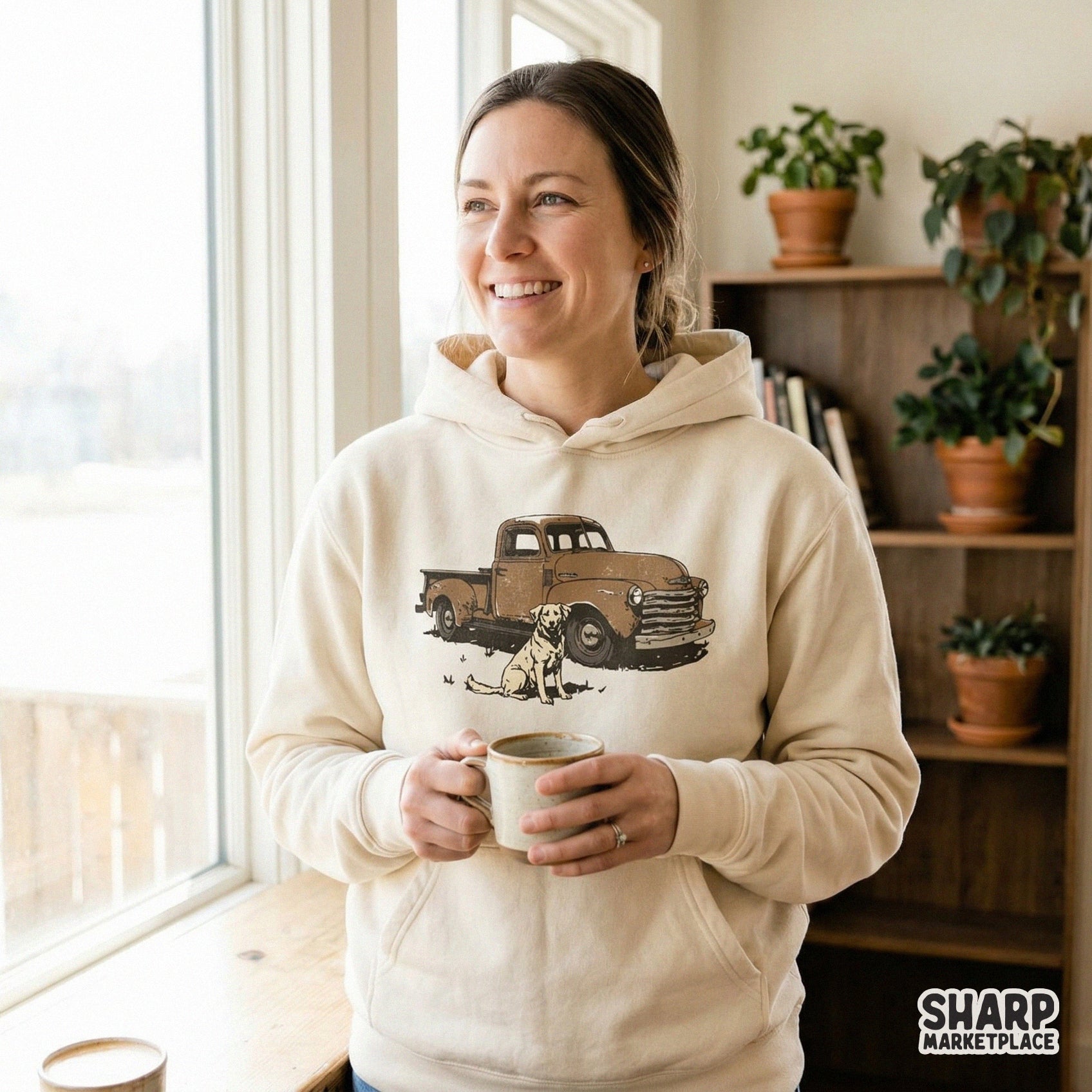 High-resolution western-style graphic featuring a weathered vintage pickup and a faithful dog, ideal for creating custom stickers, tumblers, and wall art.