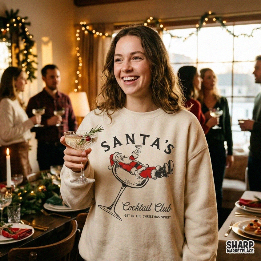 Vintage Santa drinking in a cocktail glass design, funny retro Christmas PNG graphic for shirts and holiday party decor