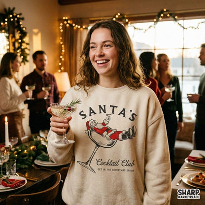 Vintage Santa drinking in a cocktail glass design, funny retro Christmas PNG graphic for shirts and holiday party decor