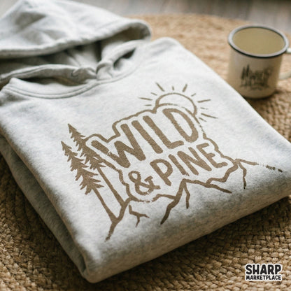 Hand-drawn wilderness illustration with Wild and Pine text, perfect for camping themed sublimation transfers, stickers, or custom outdoor apparel.