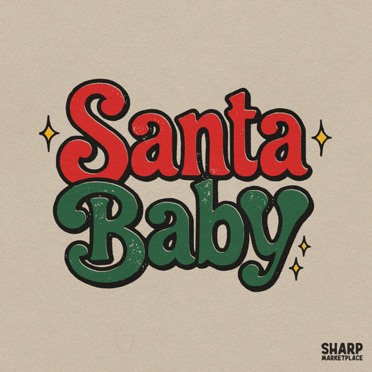 Santa Baby vintage script Christmas PNG graphic design for holiday t-shirts and retro apparel