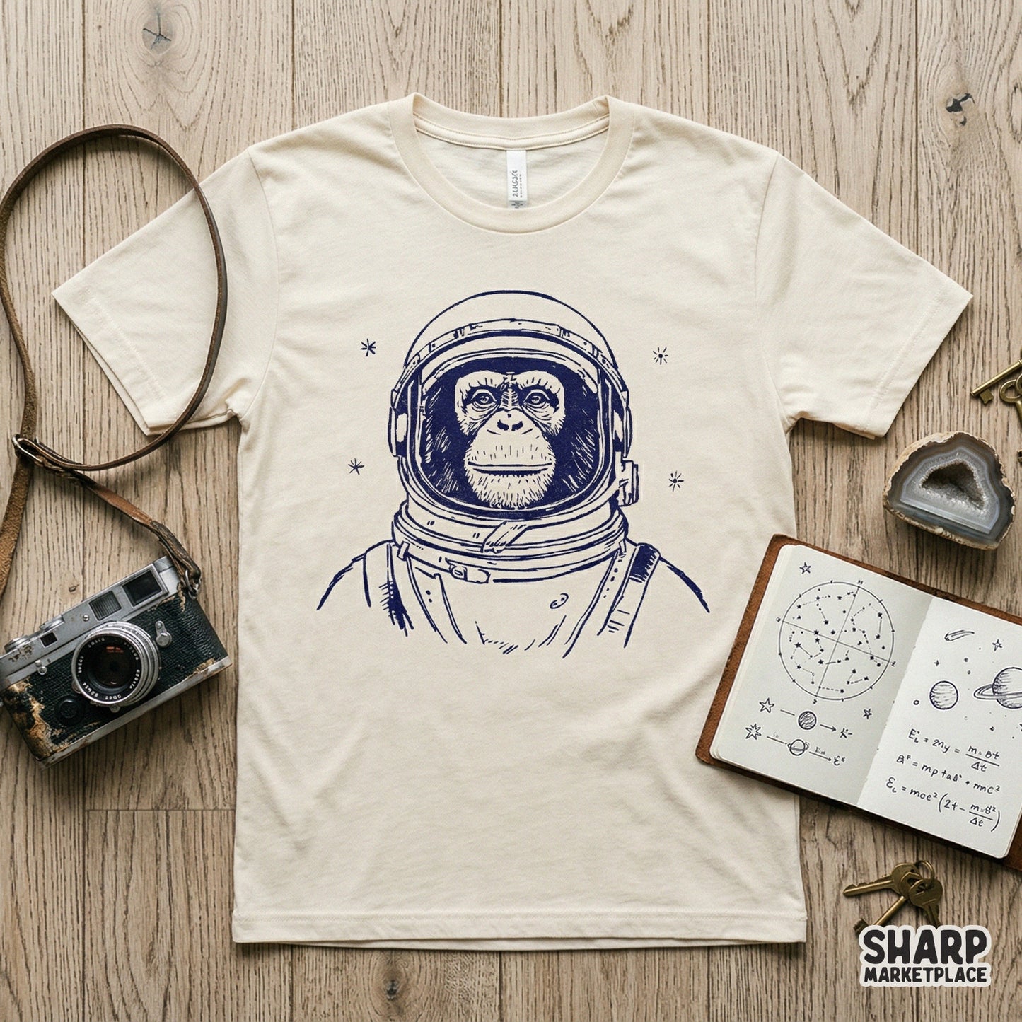 Digital illustration of a monkey astronaut in a classic space helmet, perfect for custom t-shirts, stickers, and unique DIY printable wall art projects.