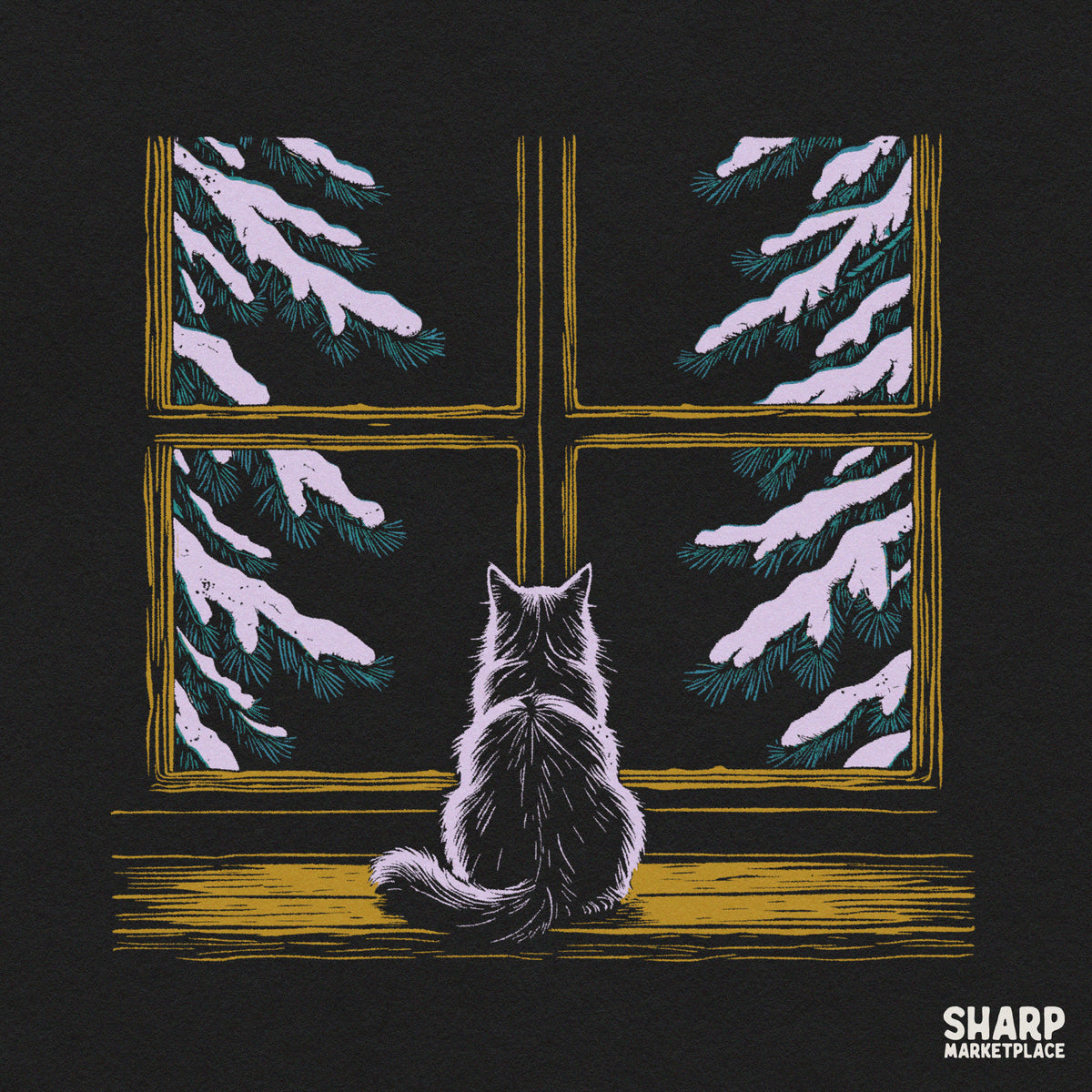 Cat on Window Sill Looking Outside at Snowy Evergreen
