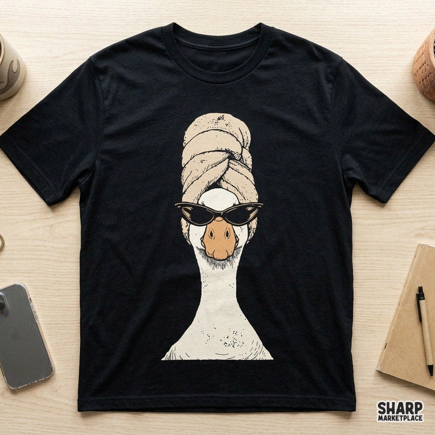 Boujee goose wearing a bath towel and cat eye sunglasses funny retro spa graphic png for girls trip sublimation