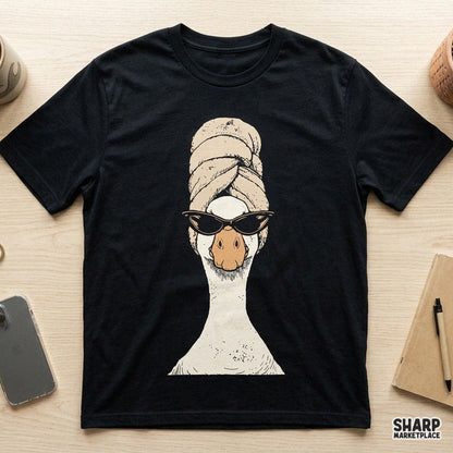 Boujee goose wearing a bath towel and cat eye sunglasses funny retro spa graphic png for girls trip sublimation