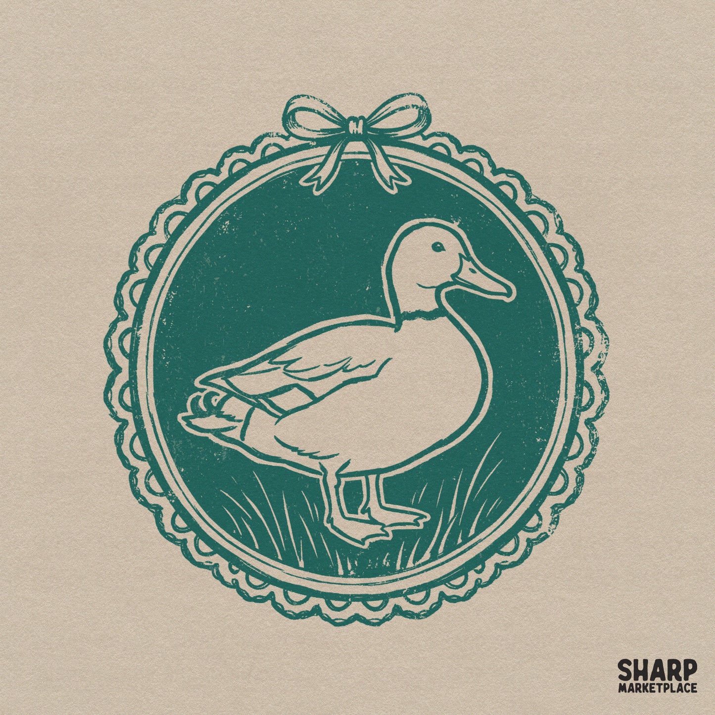 Vintage teal and cream duck cameo illustration featuring a mallard inside a scalloped lace frame with a dainty bow, perfect for cottagecore apparel.