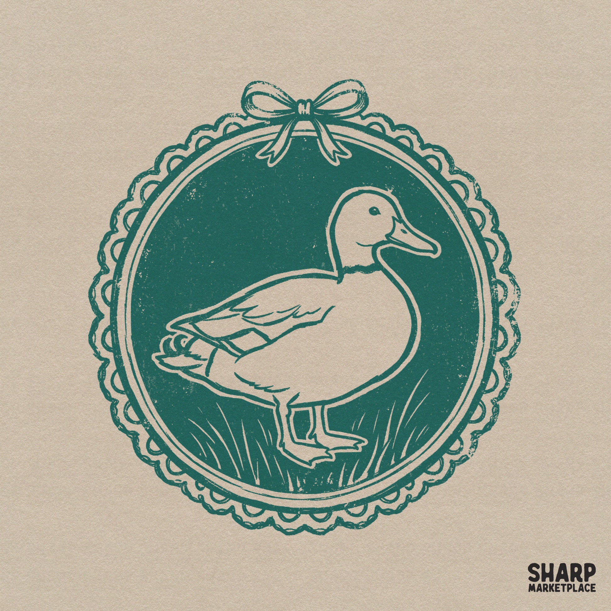 Vintage teal and cream duck cameo illustration featuring a mallard inside a scalloped lace frame with a dainty bow, perfect for cottagecore apparel.