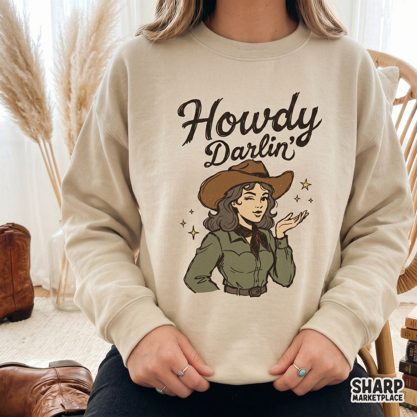 Digital download of a retro western design showing a cowgirl in a neckerchief and hat with the phrase Howdy Darlin for sublimation or shirt printing.