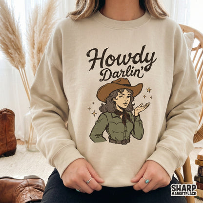 Digital download of a retro western design showing a cowgirl in a neckerchief and hat with the phrase Howdy Darlin for sublimation or shirt printing.