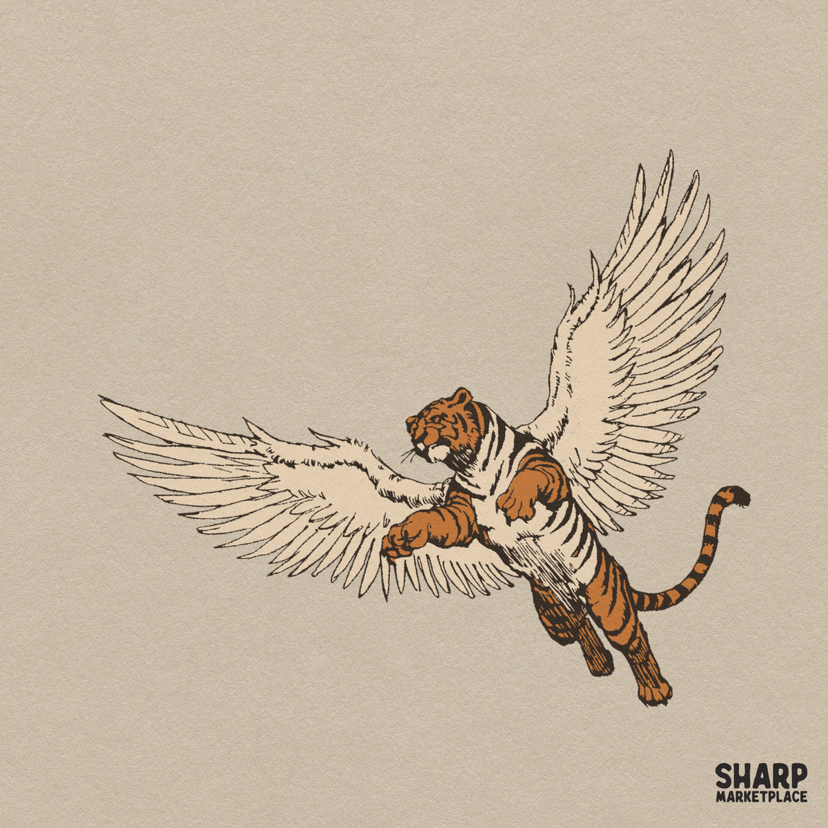 Surreal flying tiger with wings illustration for trendy streetwear t-shirts and custom animal graphic shirts