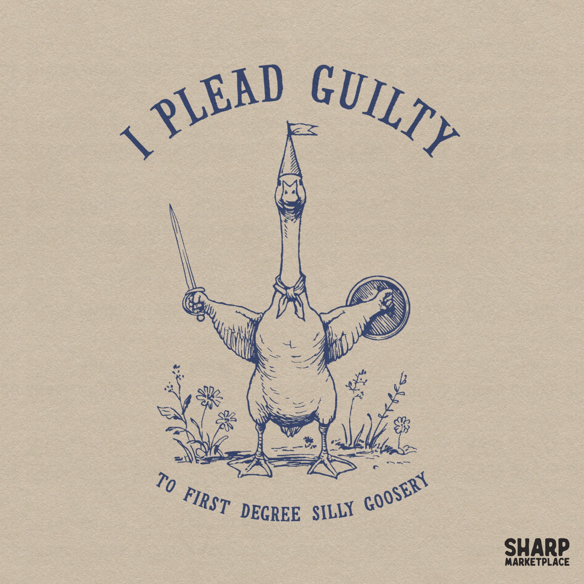 Funny silly goosery meme design featuring a goose with a sword and a party hat for sarcastic t-shirts