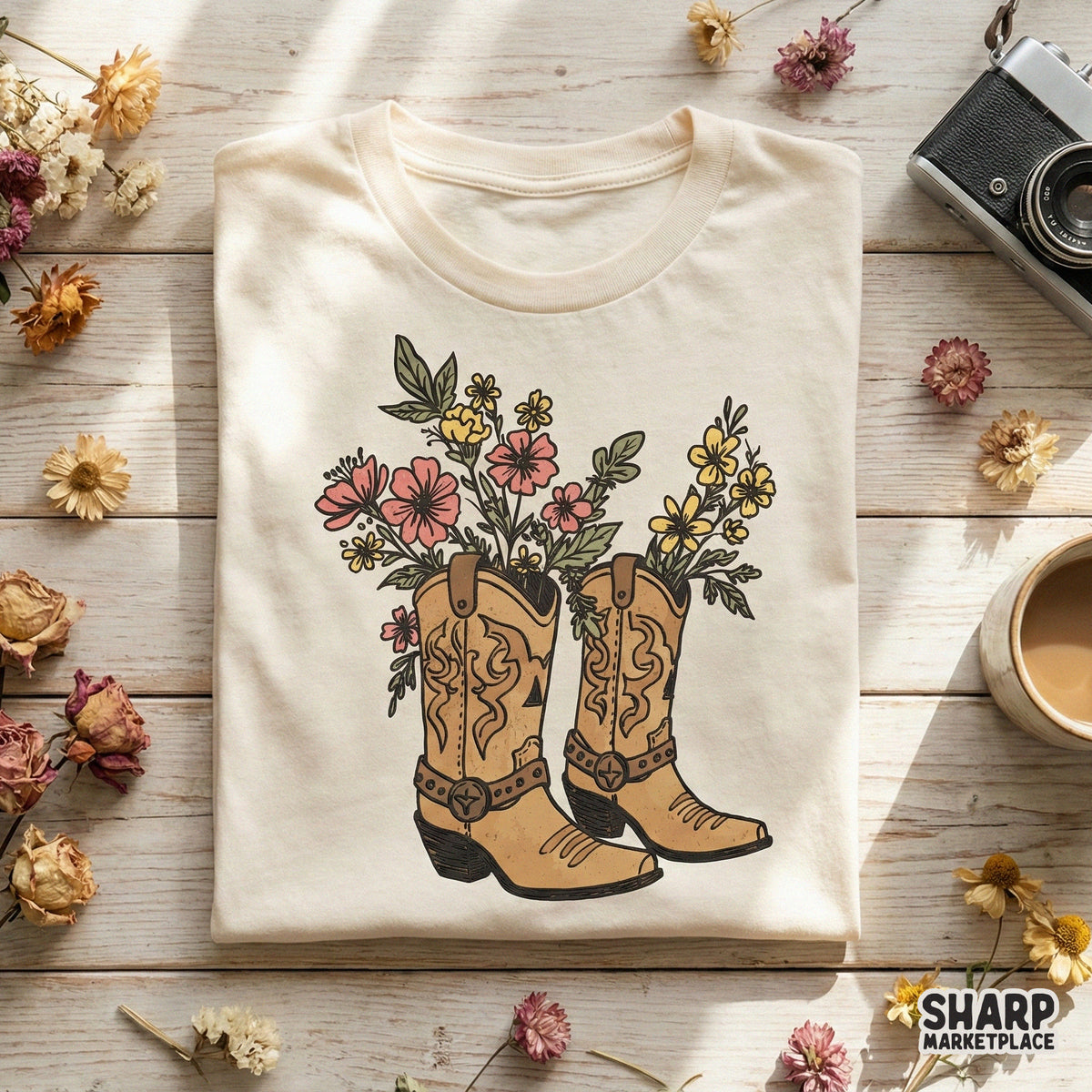 Boho cowgirl floral boot design printed on a cream t-shirt, featuring hand-drawn tan boots with wildflower arrangements for rustic apparel crafting.