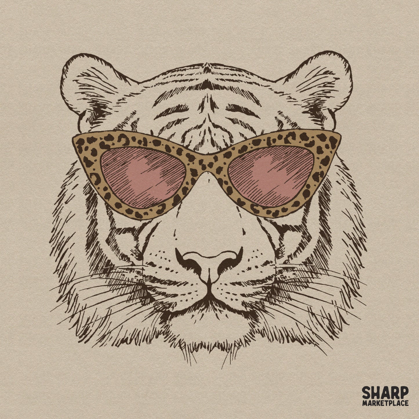 Cool tiger face wearing leopard print sunglasses retro trendy png graphic for custom shirt sublimation