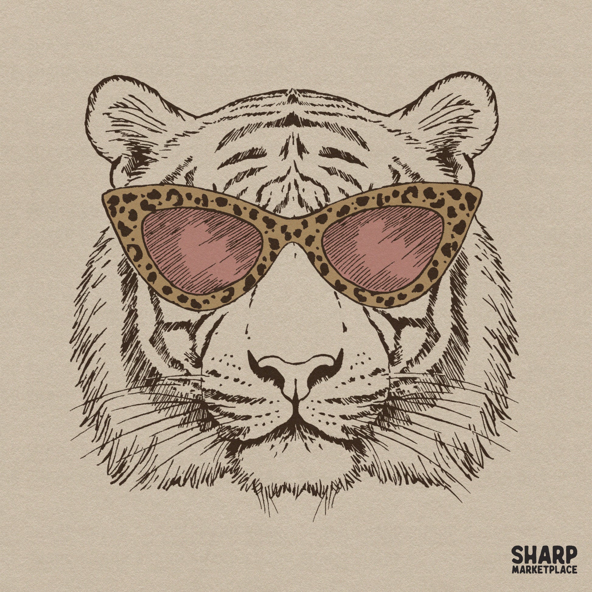Cool tiger face wearing leopard print sunglasses retro trendy png graphic for custom shirt sublimation