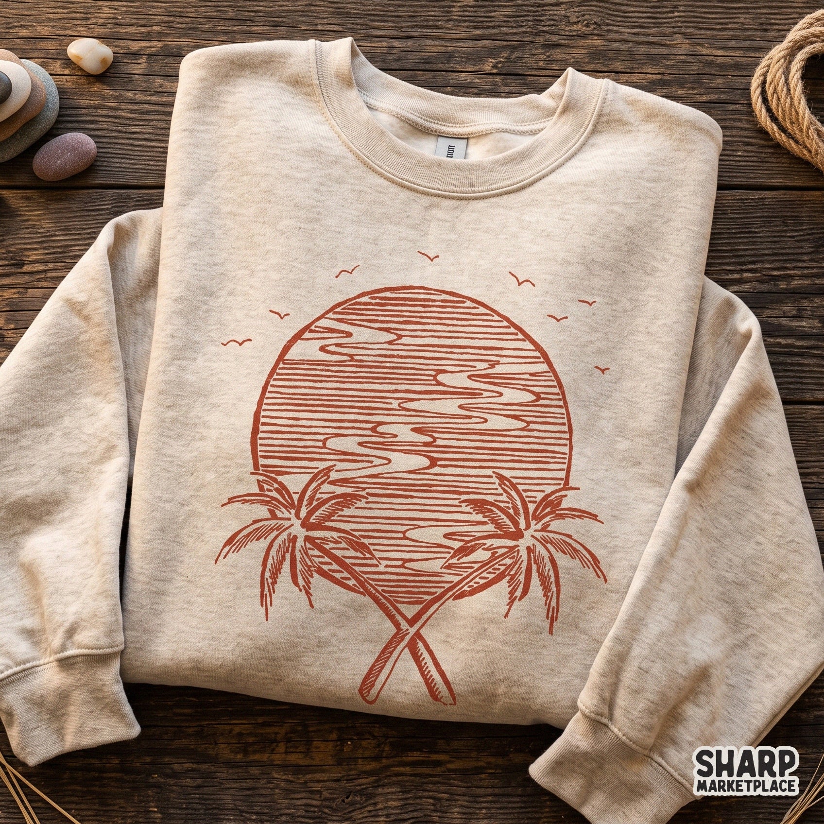 Retro circle sunset with crossed palm trees and ocean waves for summer vacation shirts and beach trip apparel design