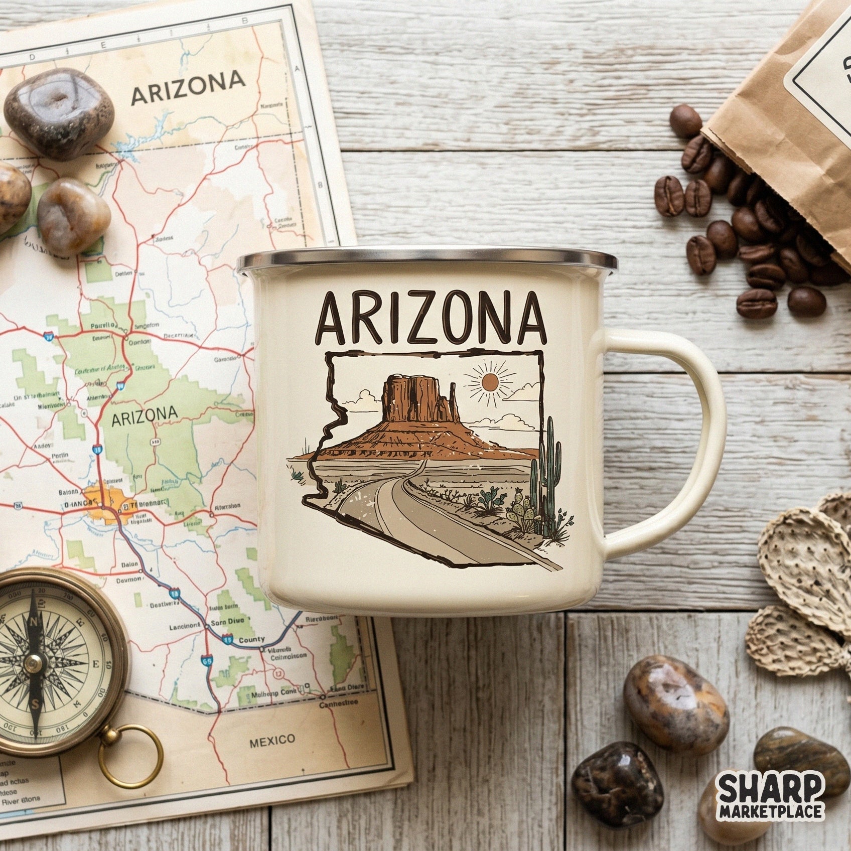 Trendy western-themed Arizona graphic with a transparent background, perfect for custom t-shirts, stickers, and travel-inspired apparel projects.