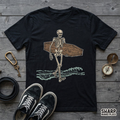 Vintage skeleton carrying a coffin surfboard on the beach, funny summer horror design for shirt png sublimation
