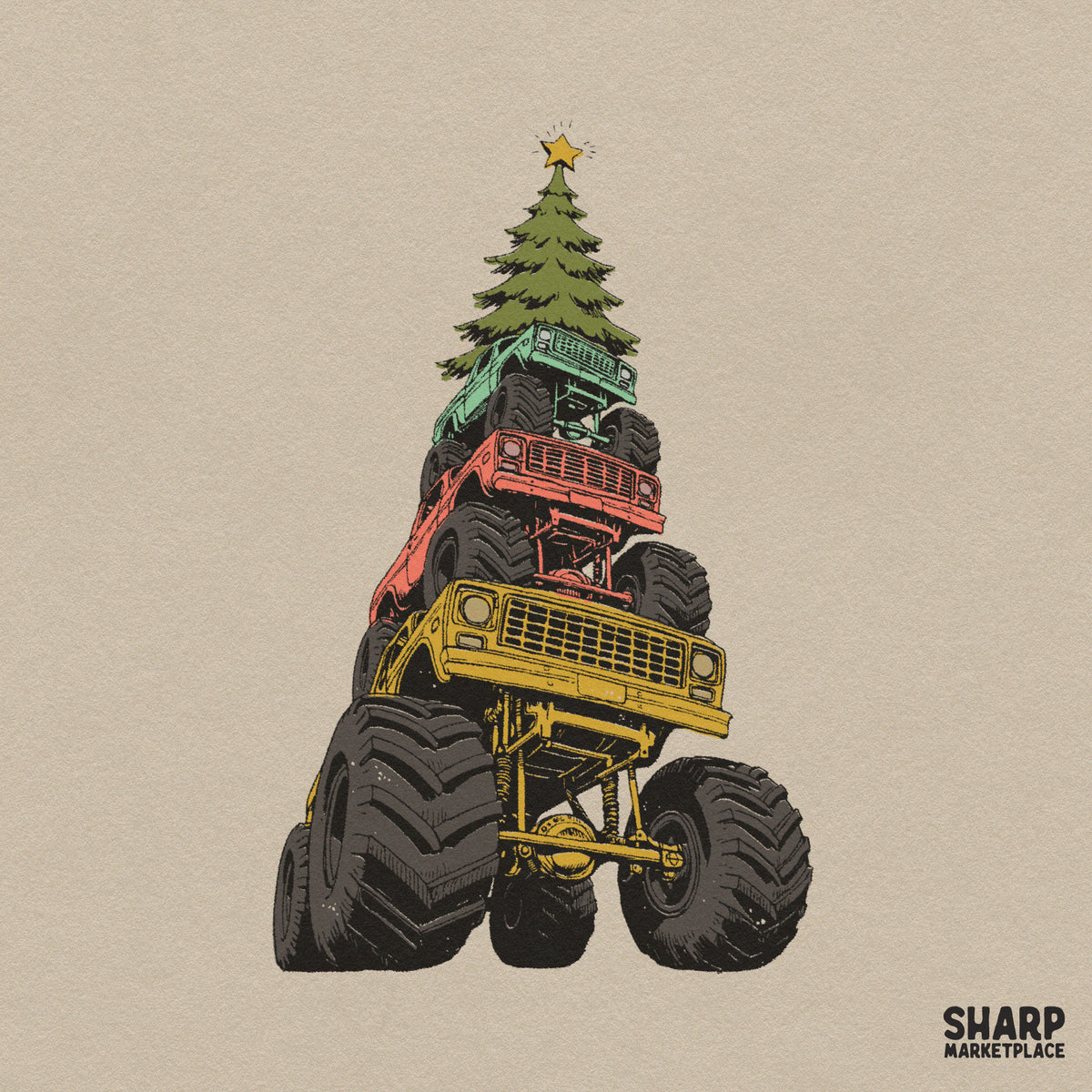 Monster Trucks Stacked Holiday Tree Art, Retro Christmas