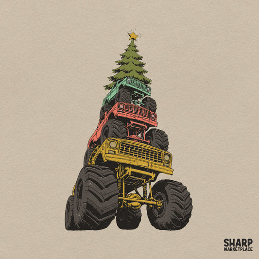 Monster Trucks Stacked Holiday Tree Art, Retro Christmas