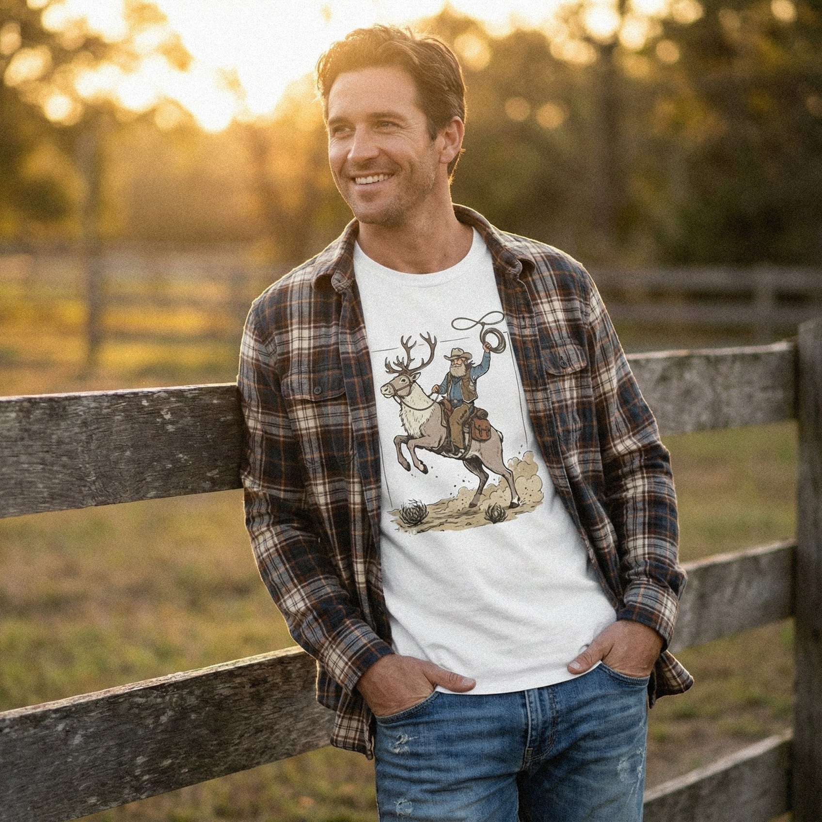 Cowboy Riding Reindeer PNG, Western Rodeo Art - 300 DPI Design for T-Shirt