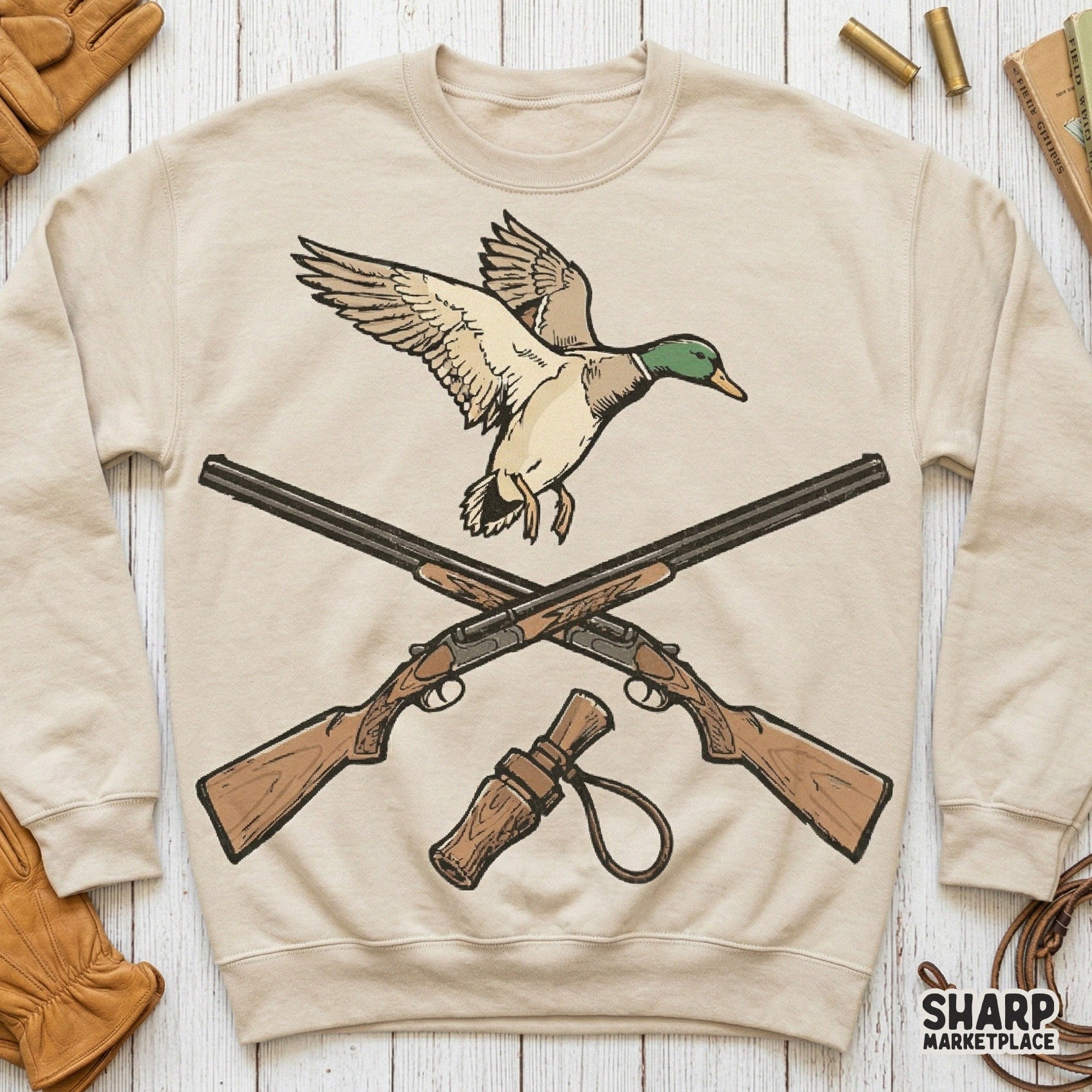 Detailed digital illustration of a mallard duck, crossed hunting shotguns, and a classic duck call, perfect for western-themed apparel and sublimation.