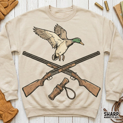 Detailed digital illustration of a mallard duck, crossed hunting shotguns, and a classic duck call, perfect for western-themed apparel and sublimation.
