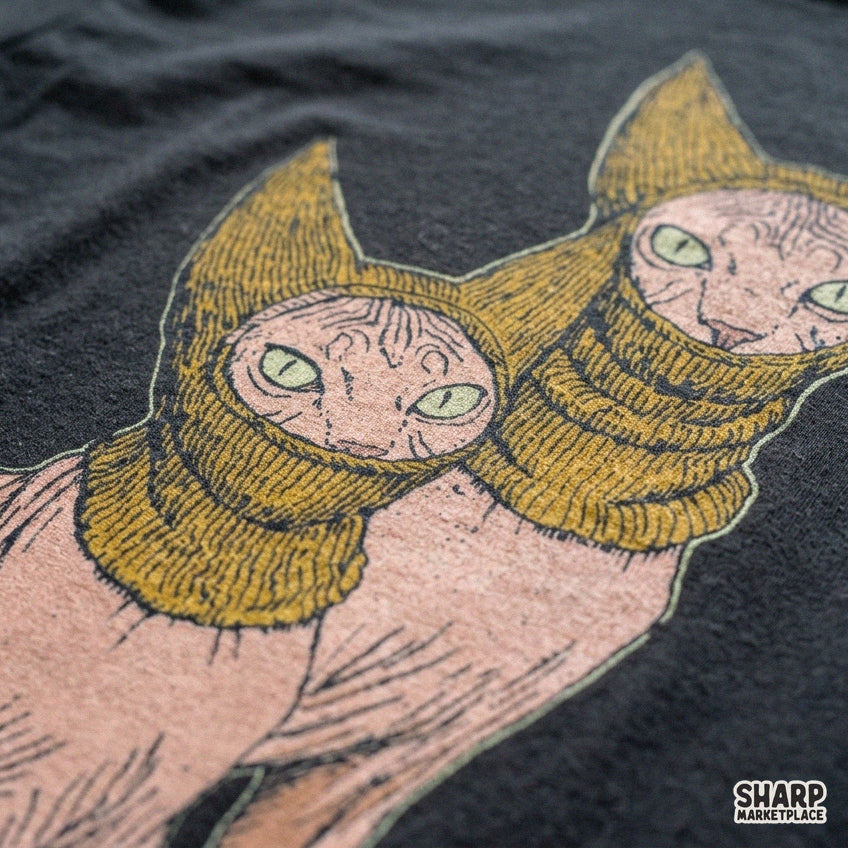 Two Sphynx Cats Wearing Knit Balaclavas, Funny PNG Winter