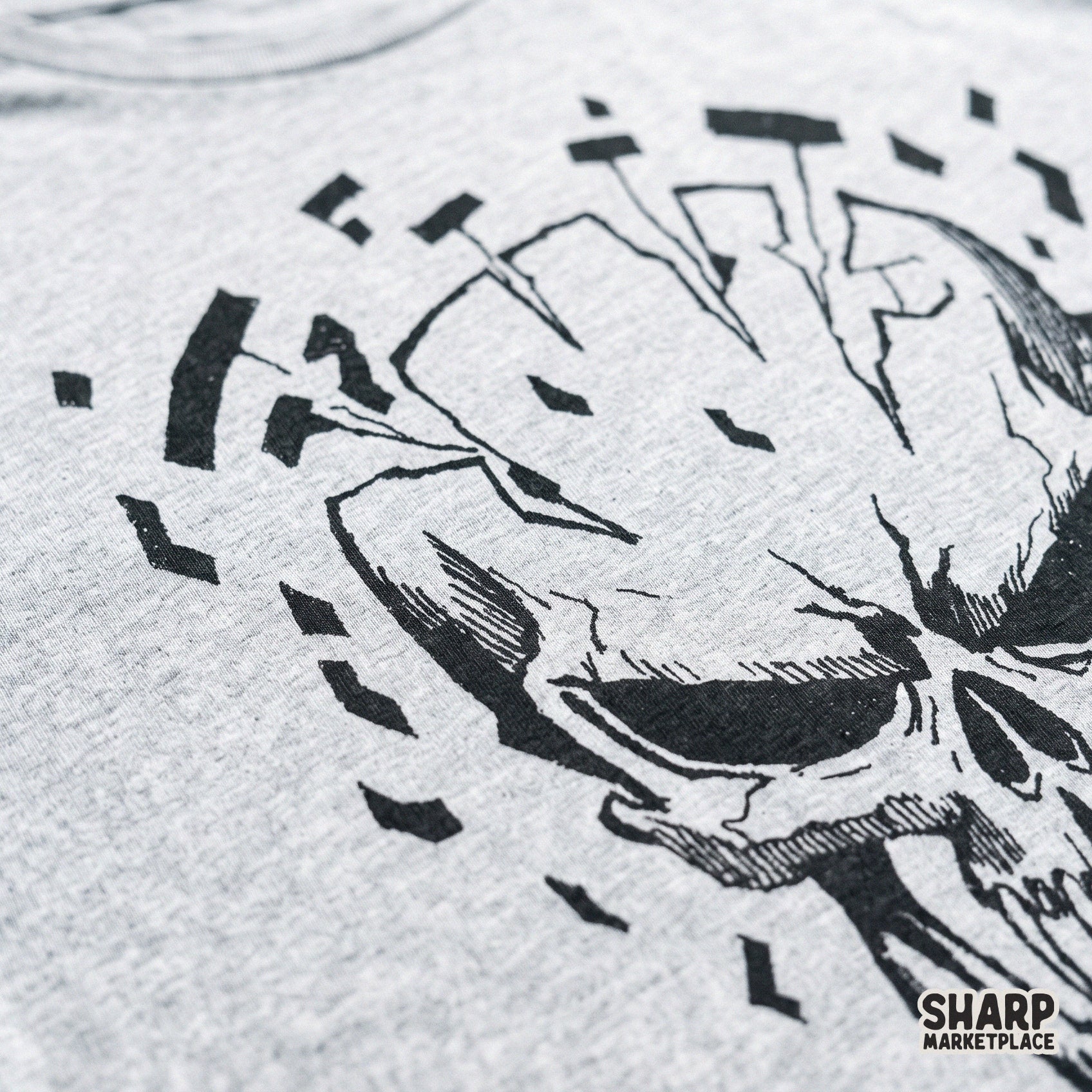 Shattered edgy skull head in a dark grunge aesthetic style for Halloween PNG shirts and spooky retro tattoo designs