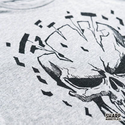 Shattered edgy skull head in a dark grunge aesthetic style for Halloween PNG shirts and spooky retro tattoo designs