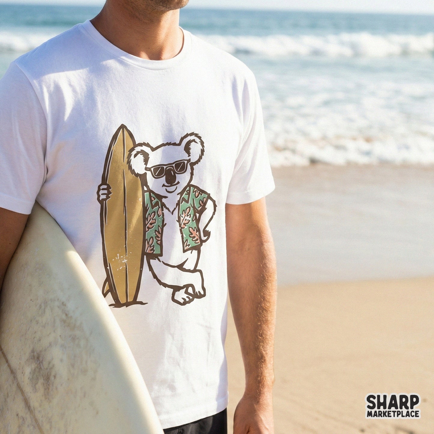 Retro Surfer Koala PNG, Beach Animal T-Shirt Design - 300 DPI Design for