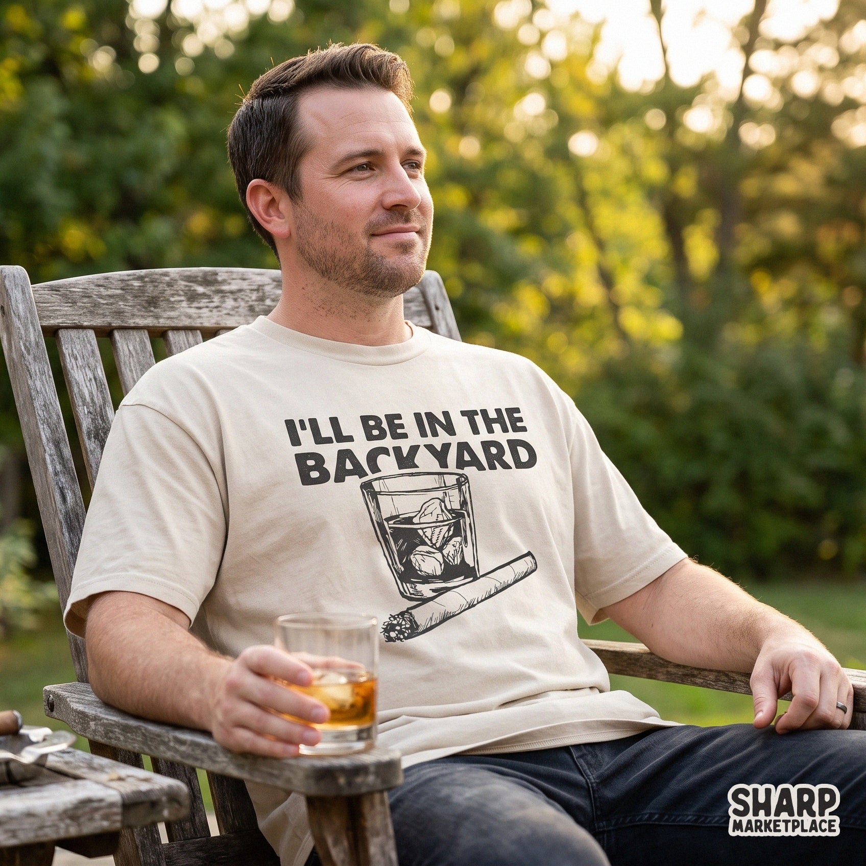 Retro whiskey glass and cigar sketch for Father's Day with funny I'll Be In The Backyard text for custom dad shirts