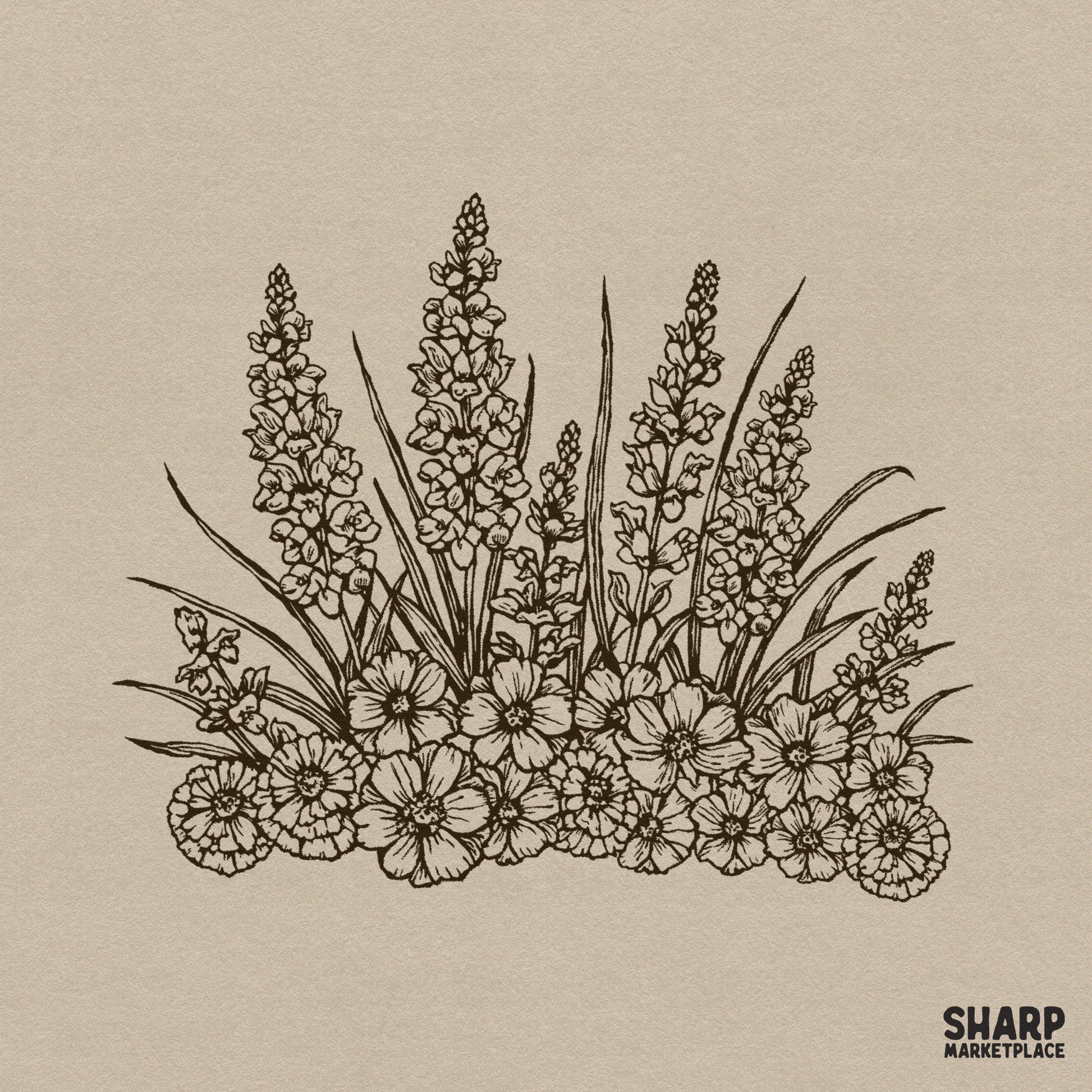 Vintage botanical wildflower bouquet sketch for spring sublimation shirts and retro floral wall art designs