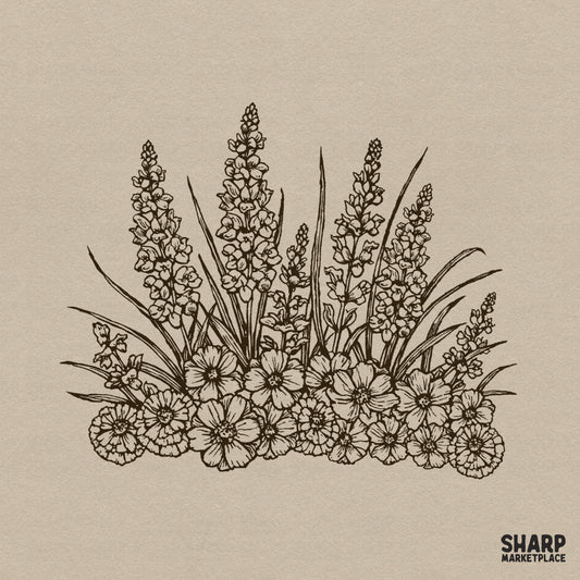 Vintage botanical wildflower bouquet sketch for spring sublimation shirts and retro floral wall art designs
