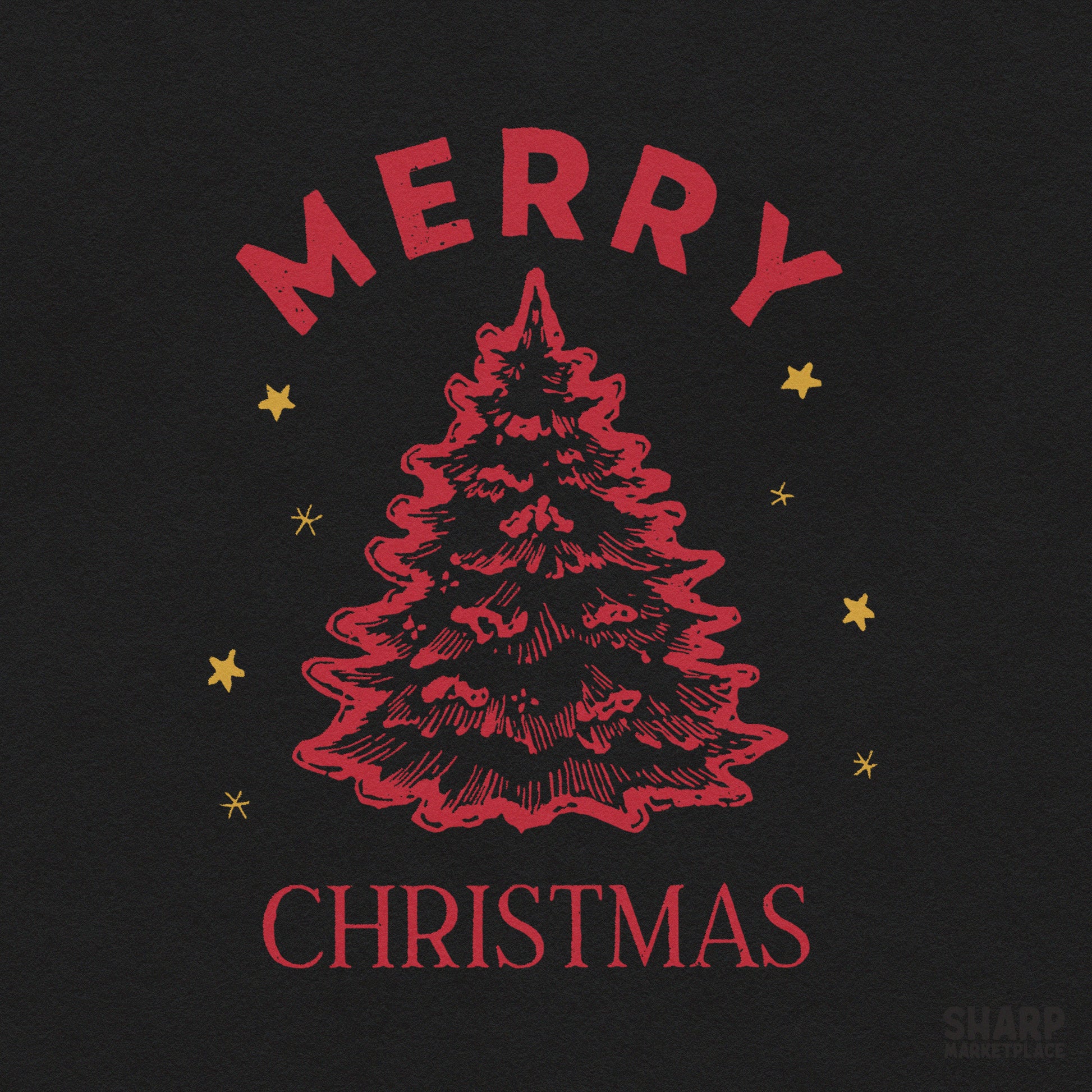 Red sketched pine tree with star doodles and Merry Christmas text for holiday sublimation and vintage shirt designs