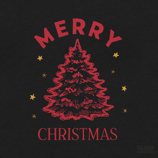 Red sketched pine tree with star doodles and Merry Christmas text for holiday sublimation and vintage shirt designs