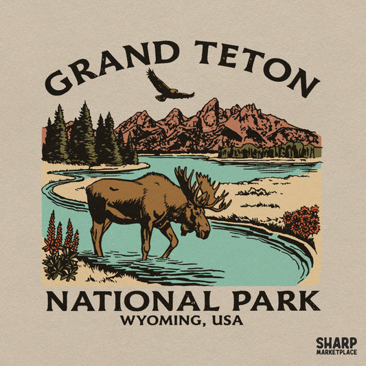 Vintage Grand Teton National Park moose and mountain sublimation PNG graphic for retro nature t-shirts