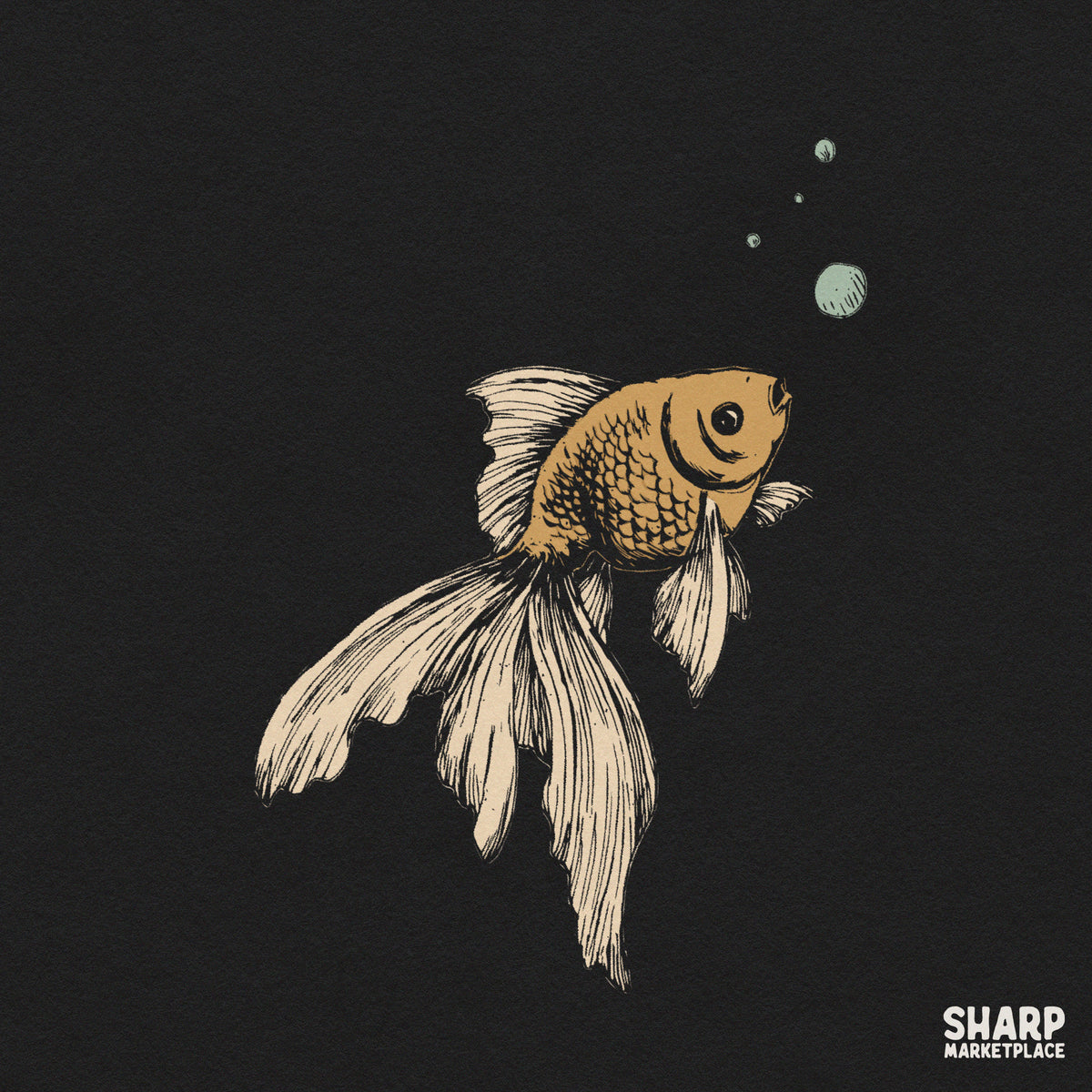 Vintage goldfish illustration with bubbles in a retro nautical style for summer t-shirt designs and digital crafts