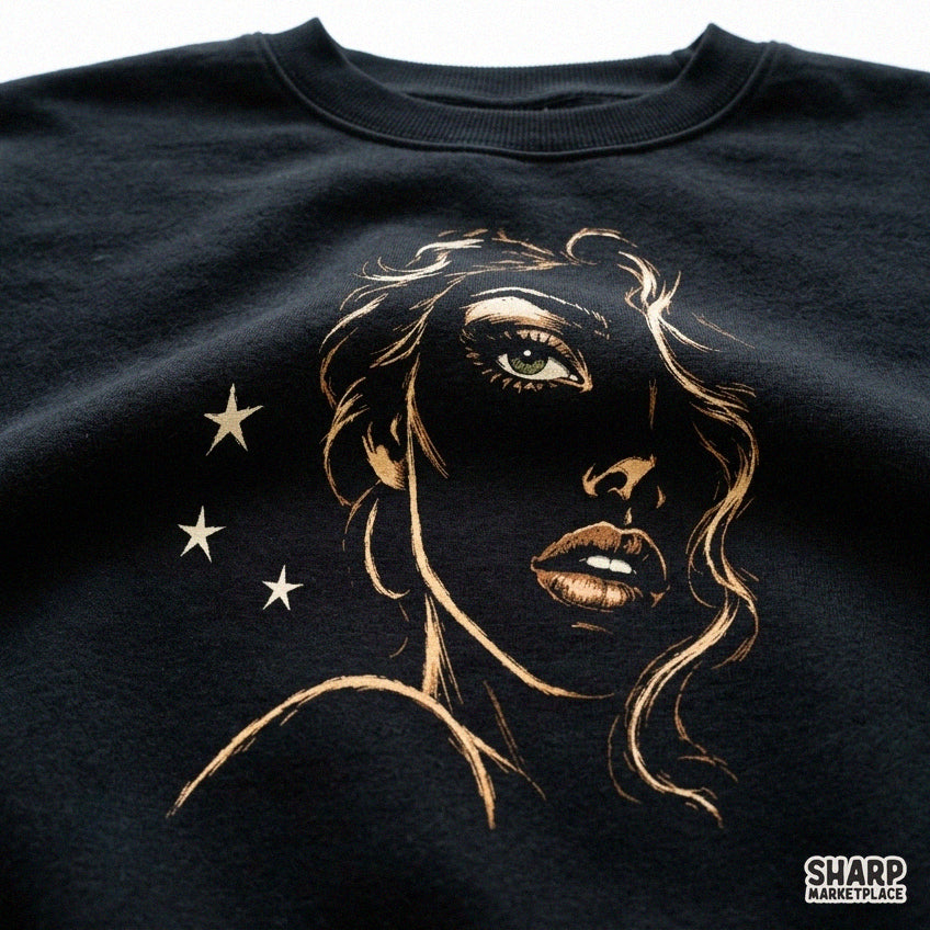 Elegant golden line art woman portrait with starry night design for retro t-shirt printing