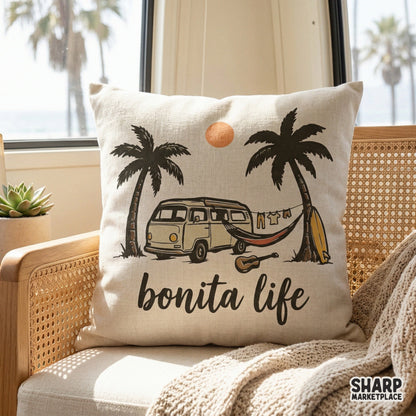 Trendy summer vacation design with a retro cream camper van and tropical palms, featuring the phrase Bonita Life for custom shirts and tumblers.