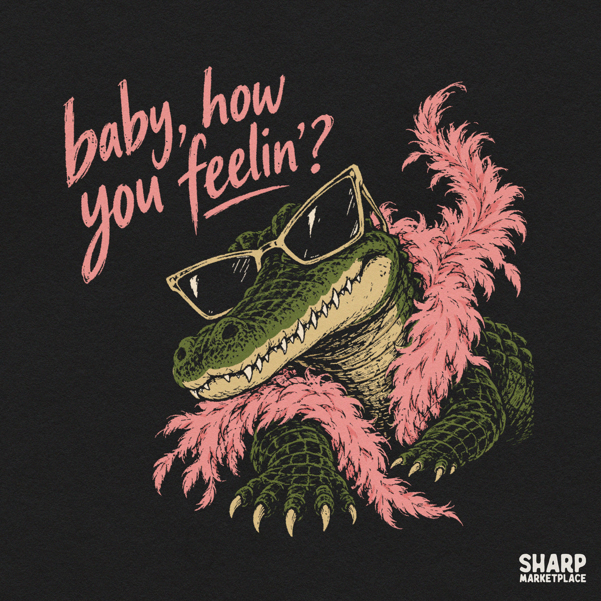 Sassy alligator wearing a pink boa and sunglasses PNG graphic design for funny meme shirts and sublimation prints