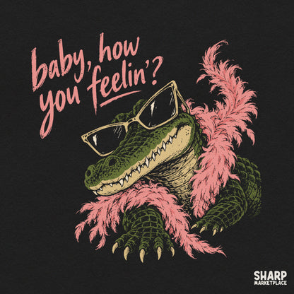 Sassy alligator wearing a pink boa and sunglasses PNG graphic design for funny meme shirts and sublimation prints