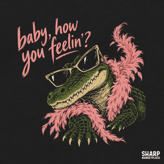 Sassy alligator wearing a pink boa and sunglasses PNG graphic design for funny meme shirts and sublimation prints