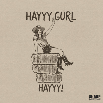 Vintage western cowgirl sitting on hay bales with funny rodeo humor text for trendy southern t-shirts and apparel prints