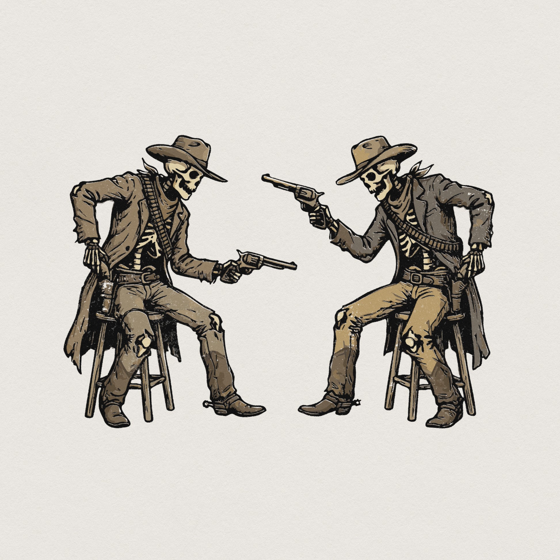 Vintage western illustration of two skeleton gunslingers in cowboy hats and dusters having a standoff on barstools, perfect for apparel sublimation.