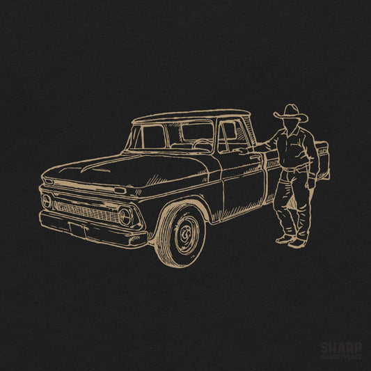 Hand drawn cowboy and vintage truck retro western line art PNG design for rustic shirt printing