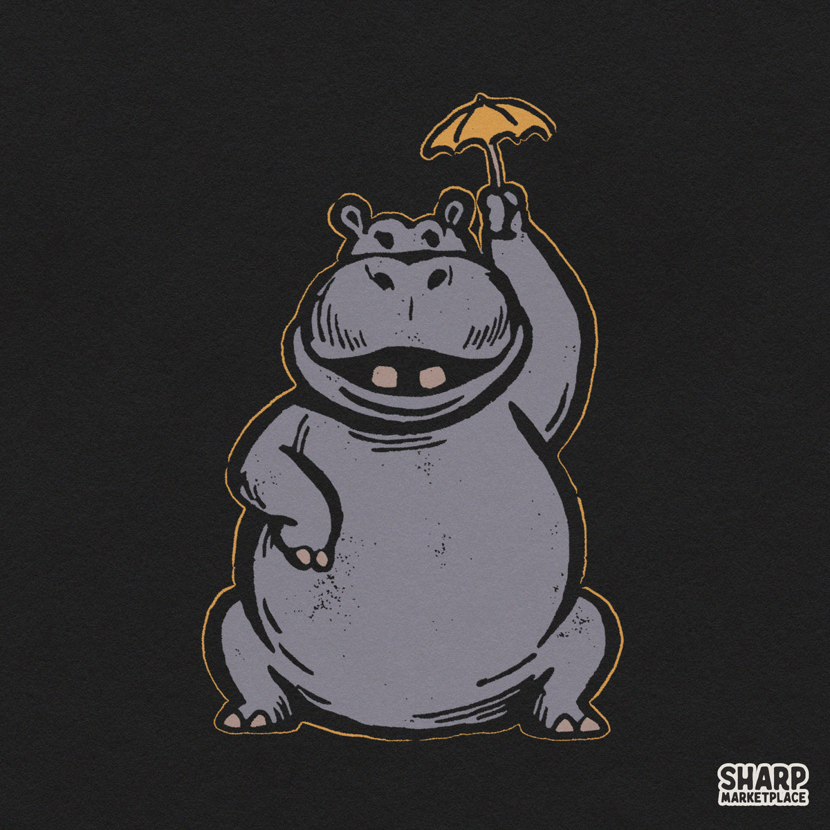 Cute chubby hippo holding a yellow umbrella kawaii PNG design for funny birthday shirts and kids apparel