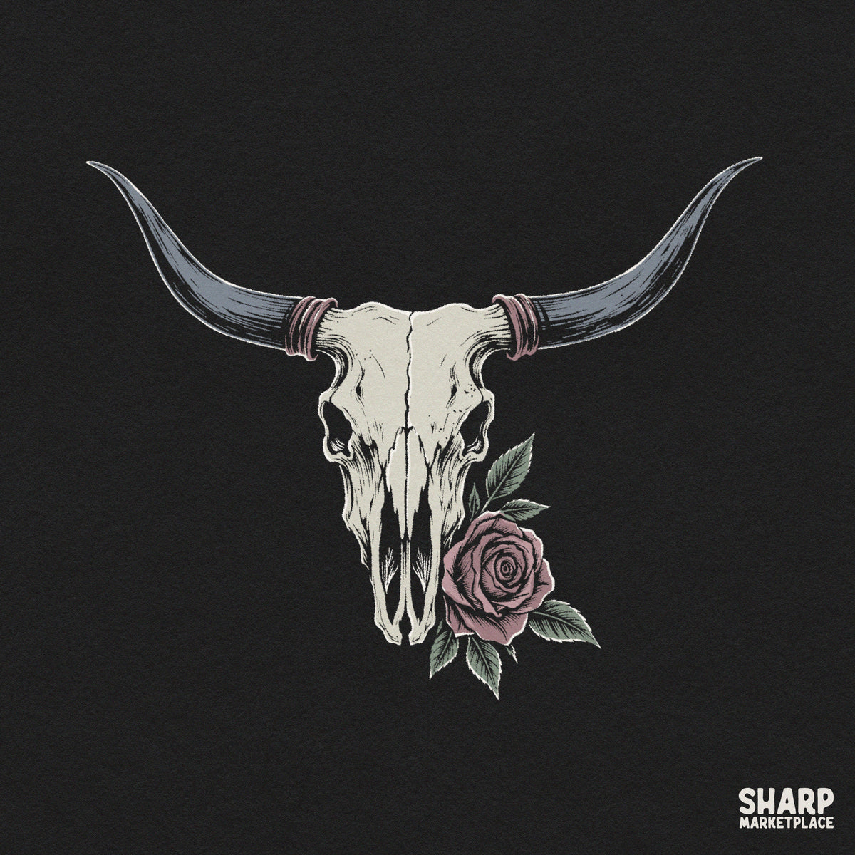 Vintage cowgirl bull skull with pink rose flower design for western sublimation and t-shirts