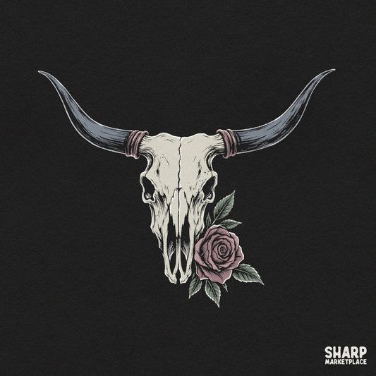 Vintage cowgirl bull skull with pink rose flower design for western sublimation and t-shirts