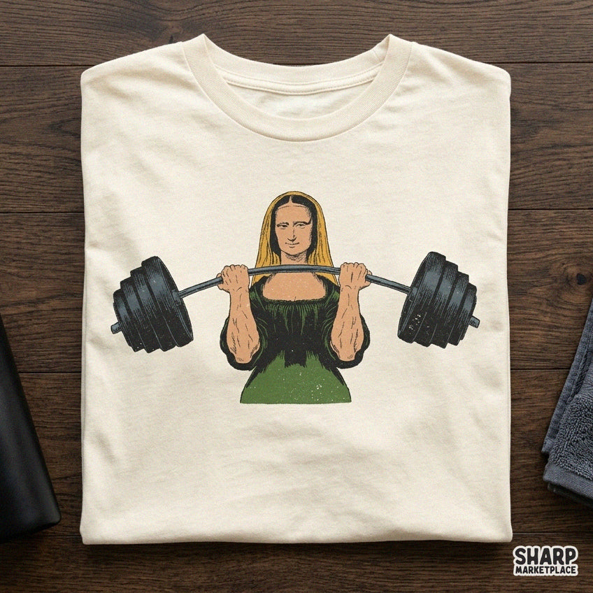 Mona Lisa Weightlifting Barbell Art, Funny Gym Parody