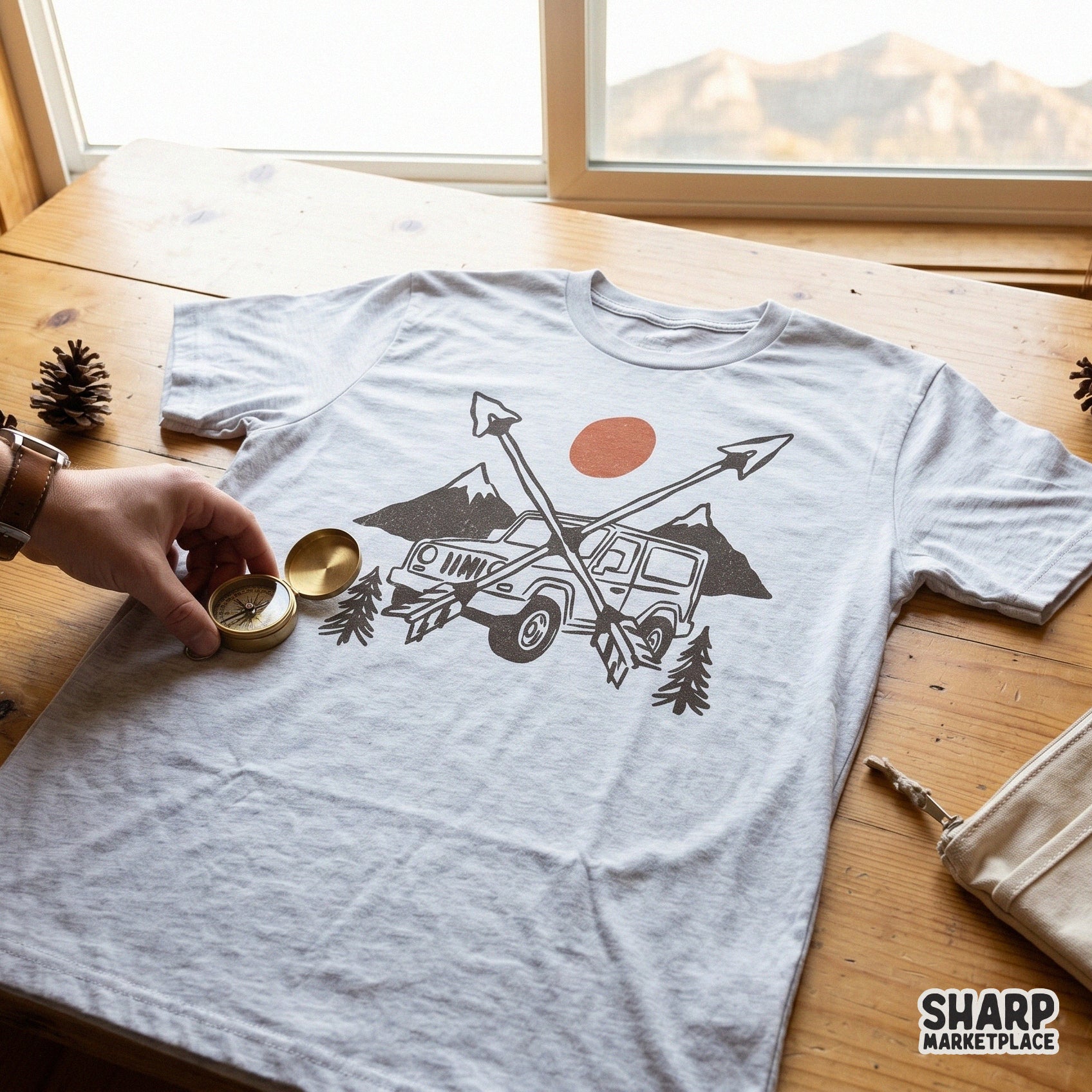 Hand-drawn mountain and off-road rig design with a rustic aesthetic, ideal for sublimation tumblers, stickers, and custom outdoor-themed gear.